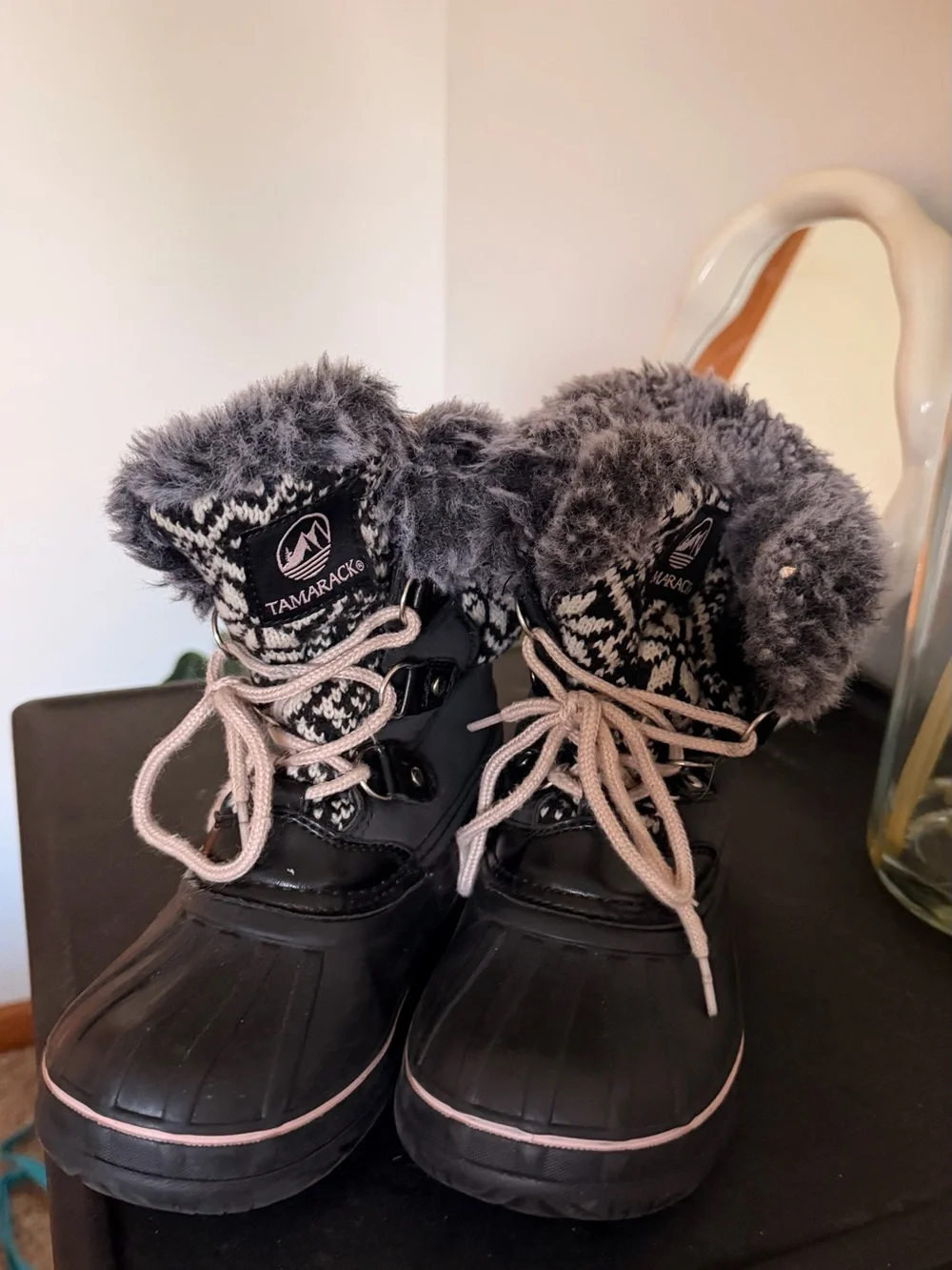 Kids Winter Snow Boots with Faux Fur Trim - Black/Grey